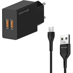 Зарядний пристрій Grand-X CH-15T 5V 2.1A 2USB Black + cable USB -> Type-C (CH-15T)