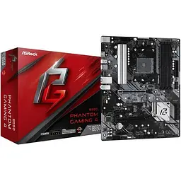 Материнська плата AM4 (B550) ASRock B550 Phantom Gaming 4, B550, 4xDDR4, CrossFireX, Int.Video(CPU), 6xSATA3, 2xM.2, 1xPCI-E 16x 4.0, 1xPCI-E 16x 3.0, 2xPCI-E 1x 3.0, 1xM.2 (Key E), ALC1200, RTL8111H, 8xUSB3.2/4xUSB2.0, HDMI, ATX