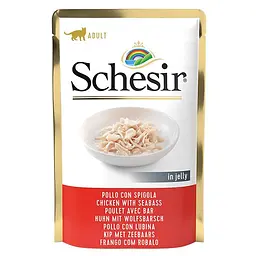 Вологий корм для котів Schesir Chicken Seabass Шезір куряче філе з морським окунем у желе натуральні консерви пауч 85 г (171061)