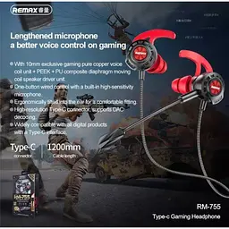 Дротові ігрові вакуумні навушники Remax Type-C Gaming Headphone RM-755, 1.2m, black - мініатюра 8