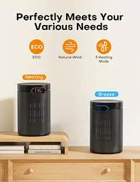 Обігрівач, 1500 Вт PTC електричний з режимом ECO, 4 налаштування нагріву, режим бризу, термостат, таймер 24 години, пульт - мініатюра 3