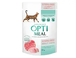 Вологий корм Optimeal Sterilised Adult для стерилізованих котів з яловичиною та індичим філе в желе, 85 г