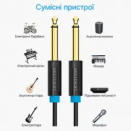 Монофонічний аудіокабель Vention 1 м Інструментальний кабель Штекери TS 6,35 мм на обох кінцях Екранування алюмінієвою фольгою та металевим обплетенням Посилений вузол біля штекера Позолочені штекери Чорний із синіми та золотистими акцентами (BAABF) - мініатюра 7