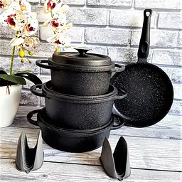 Набір каструль O.M.S. Collection 3050 з гранітно-мармуровим покриттям Чорний (Туреччина) - мініатюра 3