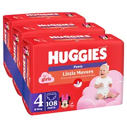 Підгузки-трусики для дівчаток Huggies Little Movers Pants 4 (9-14 кг) 108 шт. - мініатюра 2