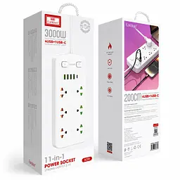 Мережевий фільтр Earldom ES-SC09 3000W 11-в-1 з 6 розетками, 4 USB-A та USB-C, білий - мініатюра 7