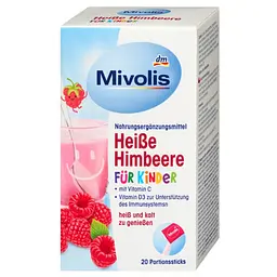 Вітамінний гарячий напій Mivolis Hot Drinks For Kids для дітей проти застуди зі смаком малини, порційні палочки, 20 шт, 100 г