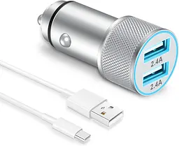 Автомобільний USB зарядний пристрій 5V/2.4A з двома портами та кабелем USB-C 1 м