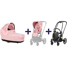 Люлька Cybex Priam Lux Simply flowers pink + Комплект текстилю Cybex Priam Simply flowers pink + Шасі Cybex Priam з каркасом LS RBA Chrome Black