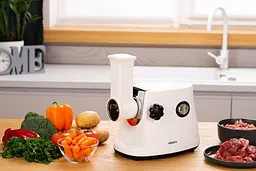 ARDESTO М'ясорубка, 1600Вт, продук.-1.6кг/хв, 3 решітки + для ковб., кеббе, 3 терки, пластик, біло-сріблястий - мініатюра 6