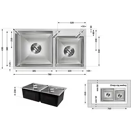 Мийка для кухні Lidz Handmade H7843 з двома чашами інтегрована 3.0/1.0 мм Brushed Steel (LDH7843BRU35387) - мініатюра 9