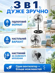 Вентилятор 3 в 1 200 W 50 см підлоговий настільний настінний з металевими лопатями (49675910) - мініатюра 4