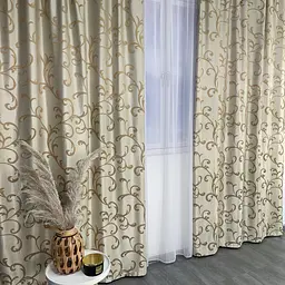 Жакардові штори "вензель" золотистого кольору 2шт. 150х270 з білим шифоновим тюлем 400х270, на тасьмі ALBO pbe0052765 - мініатюра 9