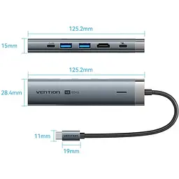 Док-станція USB3.2 Type-C --> HDMI 60Hz/USB 3.0x2/RJ45/PD 100W Hub 6-in-1 Vention - мініатюра 2