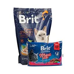 НАБІР Корм ​​сухий Brit Premium Indoor Chicken д/домашніх котів курка 1,5 кг + 4 паучі М'ясна тарілка