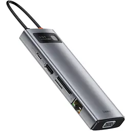 Концентратор Baseus USB3.1 Type-C to USB C(PD)100W/HDMI 4K 30Hz/VGA/USB3.2/RJ45/SD+TF,9in1 Grey (CAHUB-CU0G) - мініатюра 6