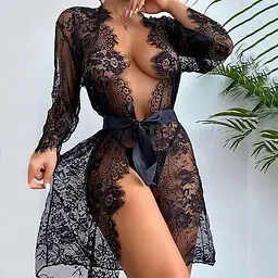 Прозорий мереживний халат з комплектом білизни XS/S/M Чорний K000699