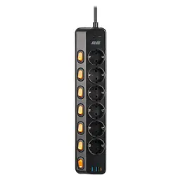 Мережевий фільтр-подовжувач 2E SP-6M-3SW-BK 3 м, 6xТип F, 16 А, 2xUSB-A, 1x USB-C