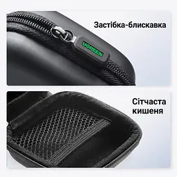 Футляр для мелких гаджетов UGREEN LP128 кейс для наушников ударопрочный и влагостойкий с карабином для крепления к сумке или рюкзаку внутренний сетчатый карман на молнии жёсткий корпус EVA с мягкой внутренней подкладкой внешний размер 80 × 80 × 40 мм чёрный (40816) - миниатюра 3
