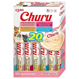 Вологі ласощі для котів INABA Churu вершковий мус в стіках Різновиди морепродуктів 14 г (20 шт в упаковці)