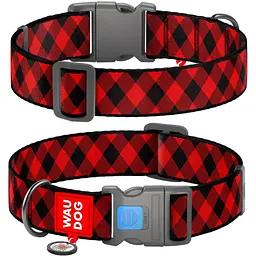 Нашийник для собак Waudog Nylon з QR паспортом, Шотландка червона, пластиковий фастекс, XXL, 46-70х3,5 см