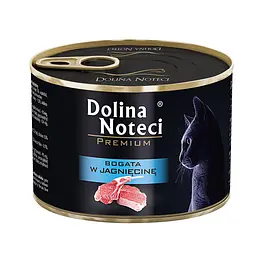 Вологий корм для котів Dolina Noteci Premium м'ясні шматочки в соусі з ягнятиною банка 185 г