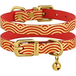 Нашийник для котів BronzeDog Barksi Classic Хвиля шкіряний одинарний з золотим тисненням 2XS 18-25х1 см червоний - мініатюра 3