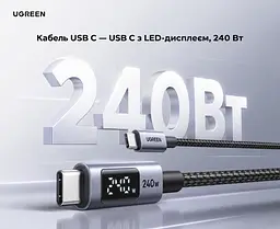 Кабель UGREEN L530 USB-C - USB-C PD 240 Вт з LED-дисплеєм 3 м чорний (65868) - мініатюра 6