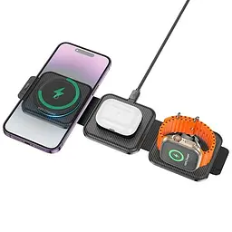 Бездротова зарядка Qi 3в1 HOCO CQ4 Flash folding QI 15W Max для iPhone + iWatch + Airpods чорний