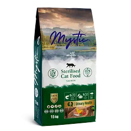 Сухий корм для дорослих стерилізованих кішок Mystic з лососем, 15 кг