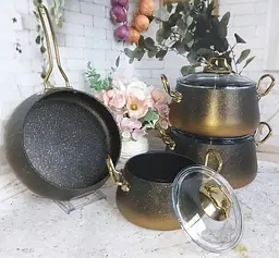 Набір каструль O.M.S. Collection 3041 з гранітно-мармуровим покриттям Бронзовий (Туреччина) - мініатюра 3