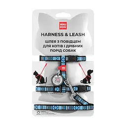 Шлея з повідцем для котів Waudog Nylon з QR паспортом, малюнок Етно синій, пластиковий фастекс, XS, Ш 10 мм, 25-40 см, З 20-30 см