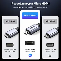 Відеокабель UGREEN HD164 Micro HDMI - HDMI 2.1 8K 60 Гц 1 м чорний (15516) - мініатюра 6