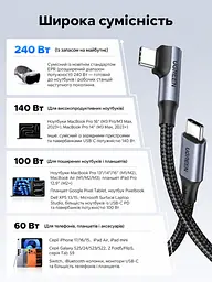 Кабель UGREEN L536 USB-C - USB-C кутовий 90° PD 3.1 240 Вт 2 м чорний (85345) - мініатюра 6
