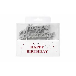 Свічка для торта «Happy Birthday» декоративний напис срібна, фігурна святкова свічка, яскравий неоновий декор