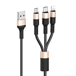 Кабель HOCO X26 USB to iP+Type-C+Micro 2A, 1m, nylon, aluminum connectors Чорний+Золотистий