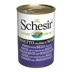 Вологий корм для котів Schesir Tuna with Beef Fillets Шезір тунець з філе яловичини в желе натуральні консерви банка 140 г (270115)