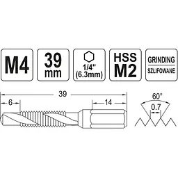 Свердло-мітчик Yato М4х0.7 мм HSS М2 HEX-1/4 l=39/6 мм (YT-44841) - мініатюра 3
