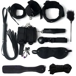 BDSM набір 10 предметів Плетінка, наручники, бандажна мотузка, шльопалка, кляп, маска 