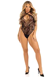 Тедді Leg Avenue Thong teddy with strappy back, One Size, чорне, еластичне мереживо, низ — стрінги - мініатюра 4