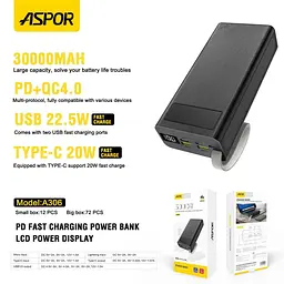 Акумулятор зовнішній Aspor A306 30000 mAh із швидкою зарядкою портативна батарея - мініатюра 7