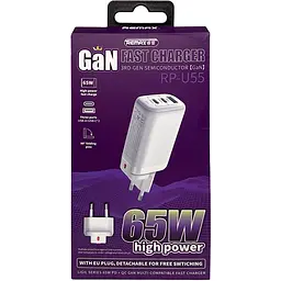 Швидка GaN зарядка 65W REMAX RP-U55 PD+QC 1xUSB-A 2xType-C EU Білий - мініатюра 6
