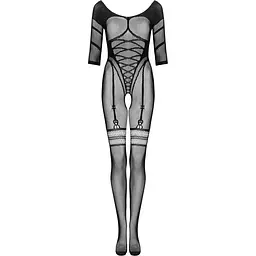 Сітчастий бодістокінг з імітацією підв’язок Obsessive Bodystocking G329 S/M/L, Black, з доступом - мініатюра 3