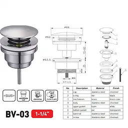 Донний клапан для раковини Zerix BV-03 універсальний Click-Clack 1 1/4″ ZX6019 - мініатюра 5
