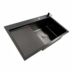 Кухонна мийка PVD чорна 78x50 R Platinum Handmade (круглий сифон 3.0/0.8), Чорний - мініатюра 4