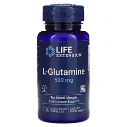 L-глютамін Life Extension L-Glutamine 500 mg, 100 вегакапсул для підтримки м'язів, кишківника, імунної системи
