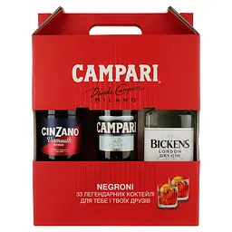 Подарочный набор Campari Negroni Perfect Kit: Настойка Campari 25% 1 л + Вермут Cinzano Rosso 15% 1 л + Джин Bickens 40% 1 л