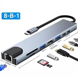 Хаб концентратор 8 до 1 USB Type-C перехідник HDMI SD TF RJ45  - мініатюра 3