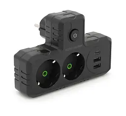 Подвійна розетка із заземленням Voltronic F-303 Black, 2 розетки + 3 USB (1 А) + Type-C, 2500 Вт, 10 А, 220 В - мініатюра 1