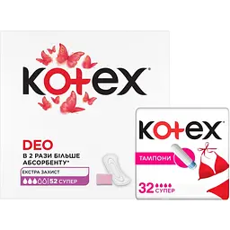 Набір Kotex: Щоденні прокладки Kotex Deo Super 52 шт. + Тампони Kotex Silky Cover Super 32 шт.